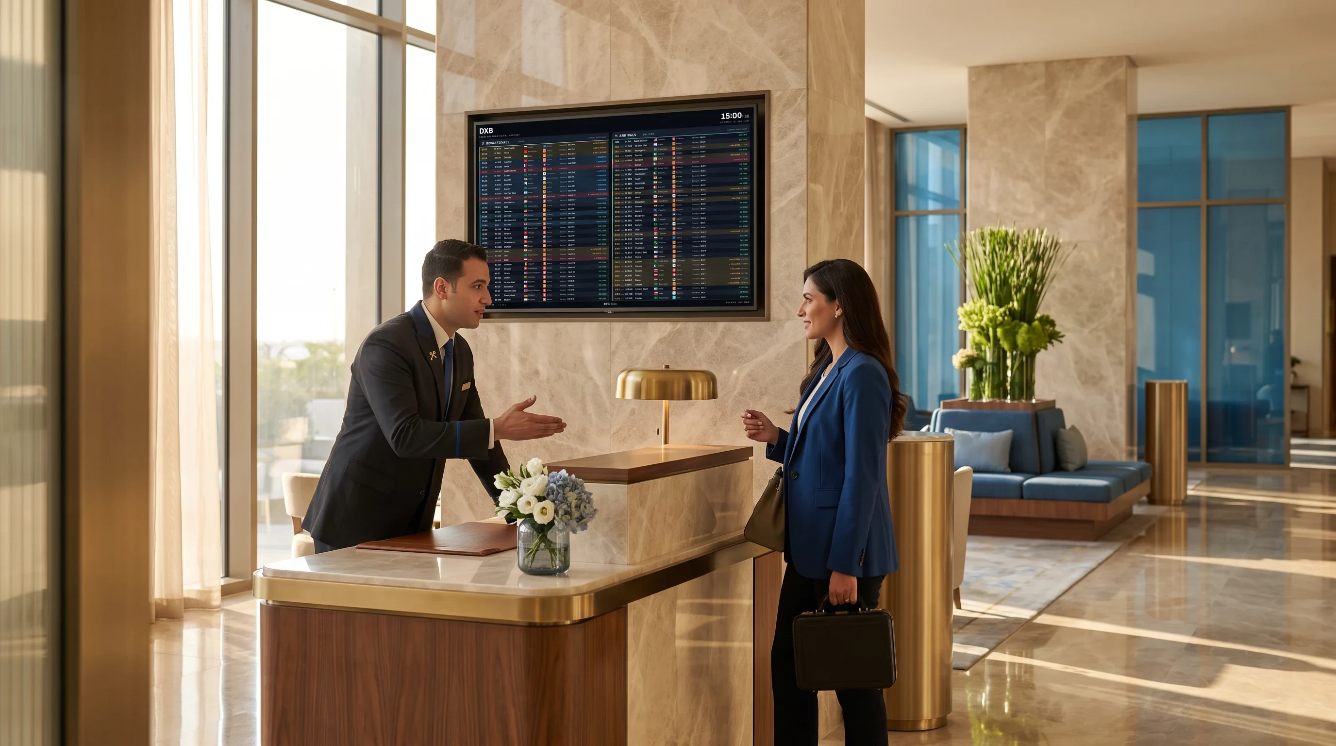 A concierge helping a guest, with a live FIDS flight board on the wall behind the desk