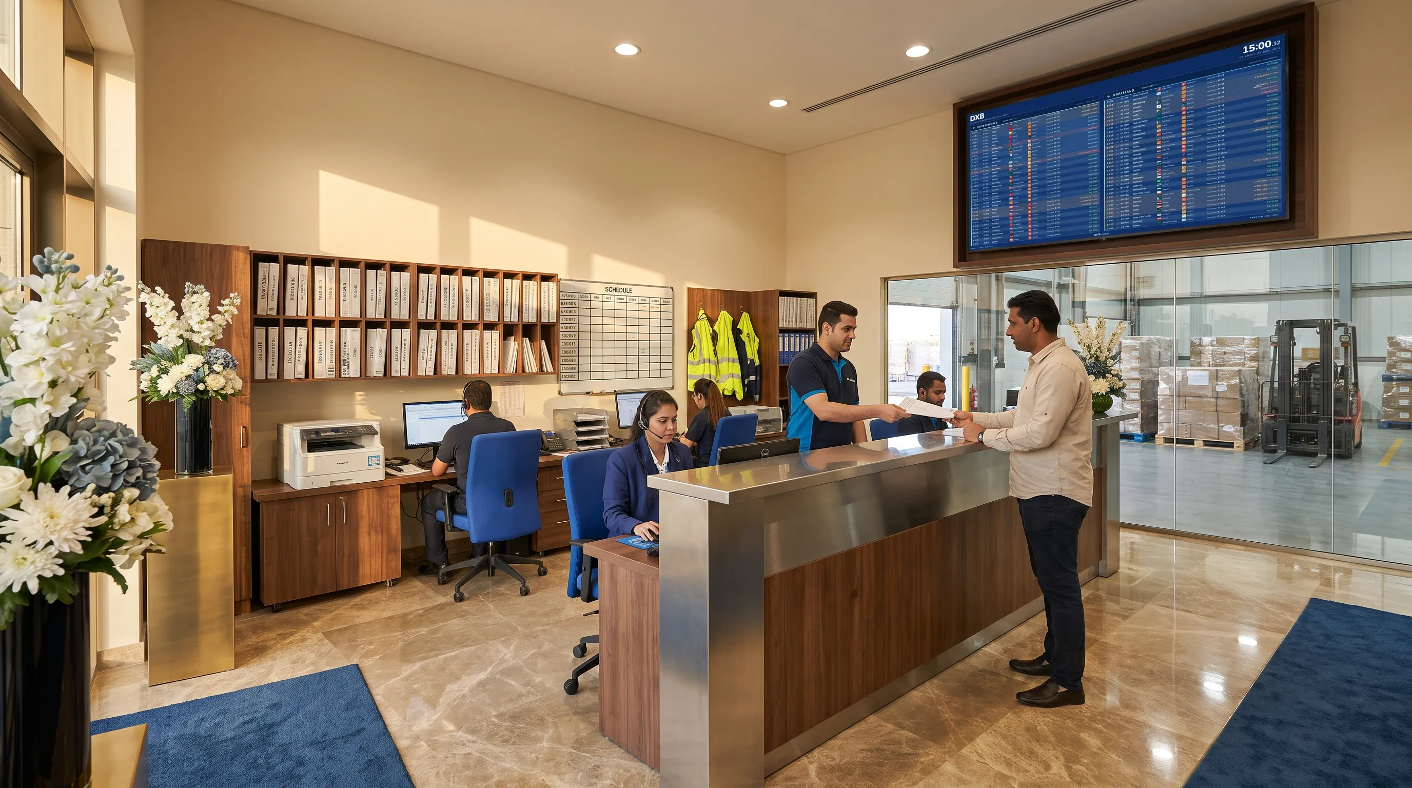 A freight forwarder’s operations office with a live FIDS flight board above the counter