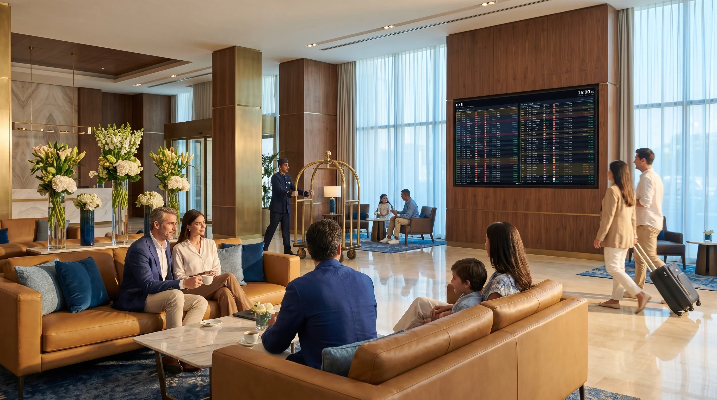 A live FIDS departures board on the wall of a luxury Dubai hotel lobby