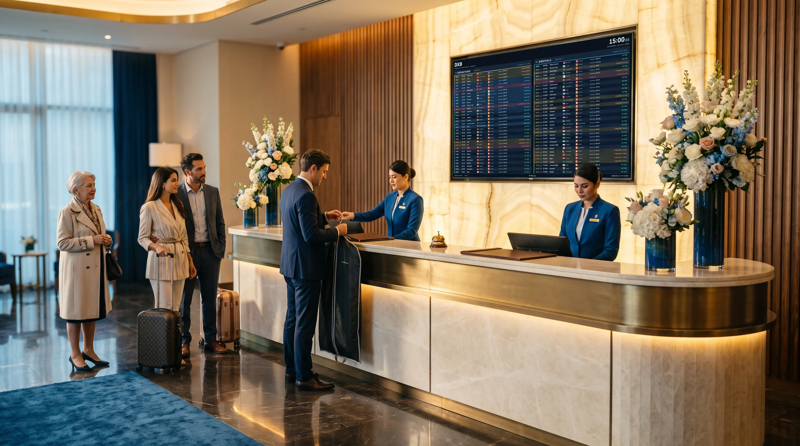 A live FIDS flight board behind the reception desk of a luxury Dubai hotel