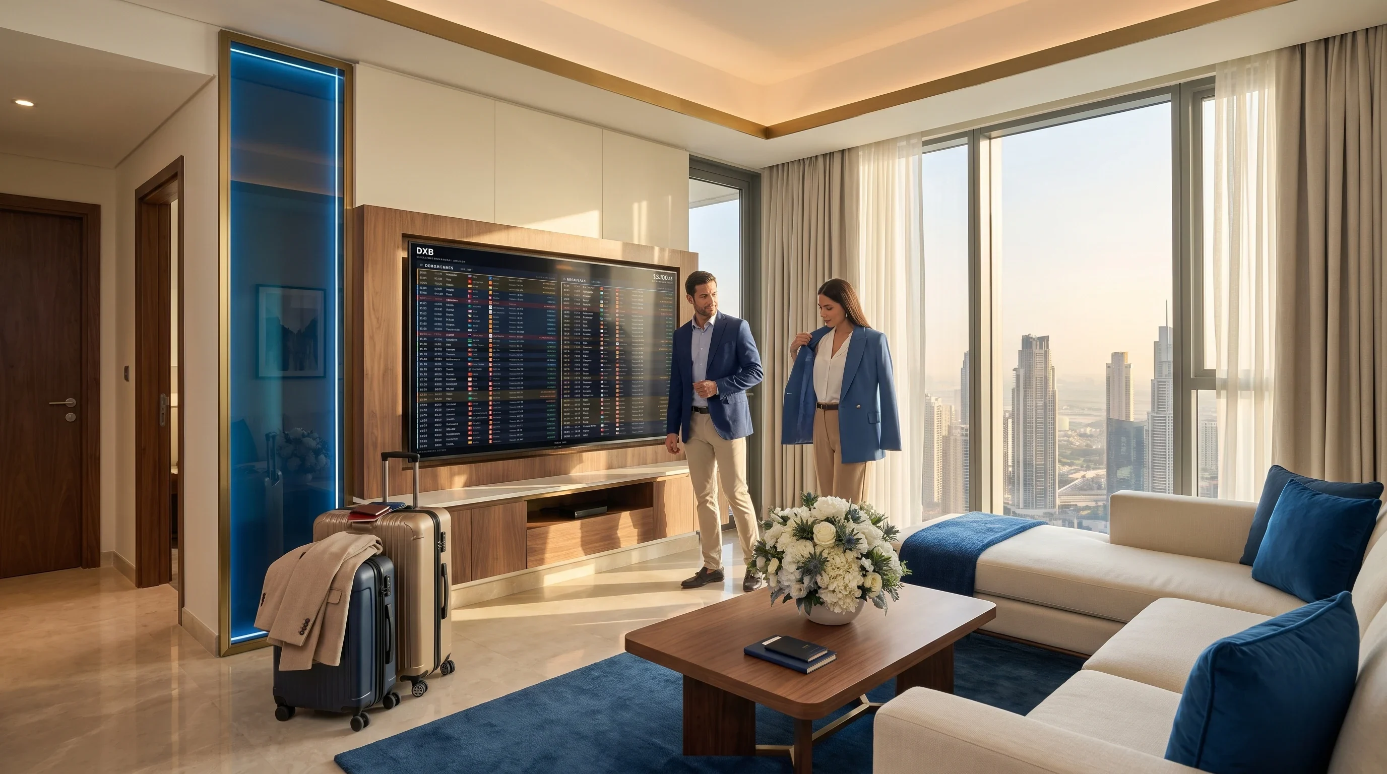 A high-floor serviced apartment with packed luggage and a live FIDS board on the wall
