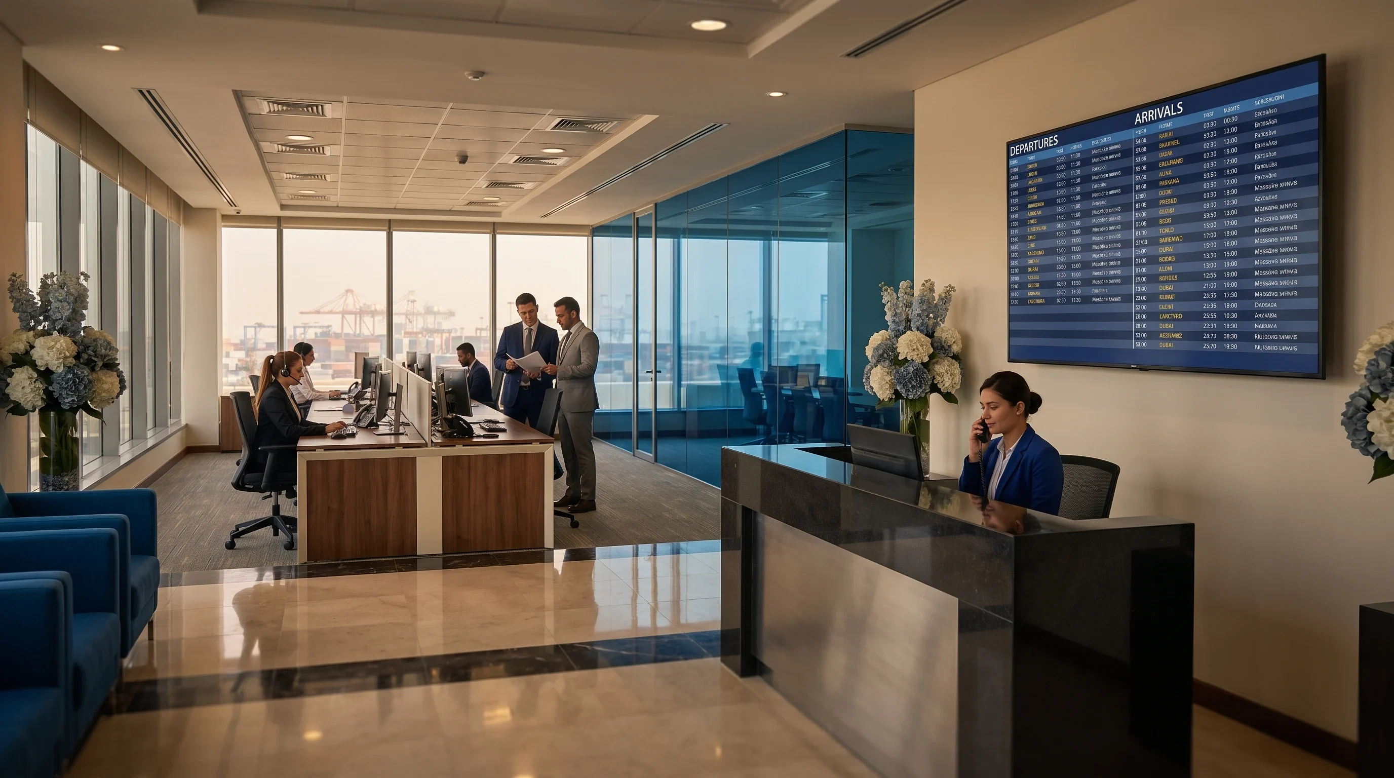 A shipping line’s front office with a live FIDS flight board on the wall