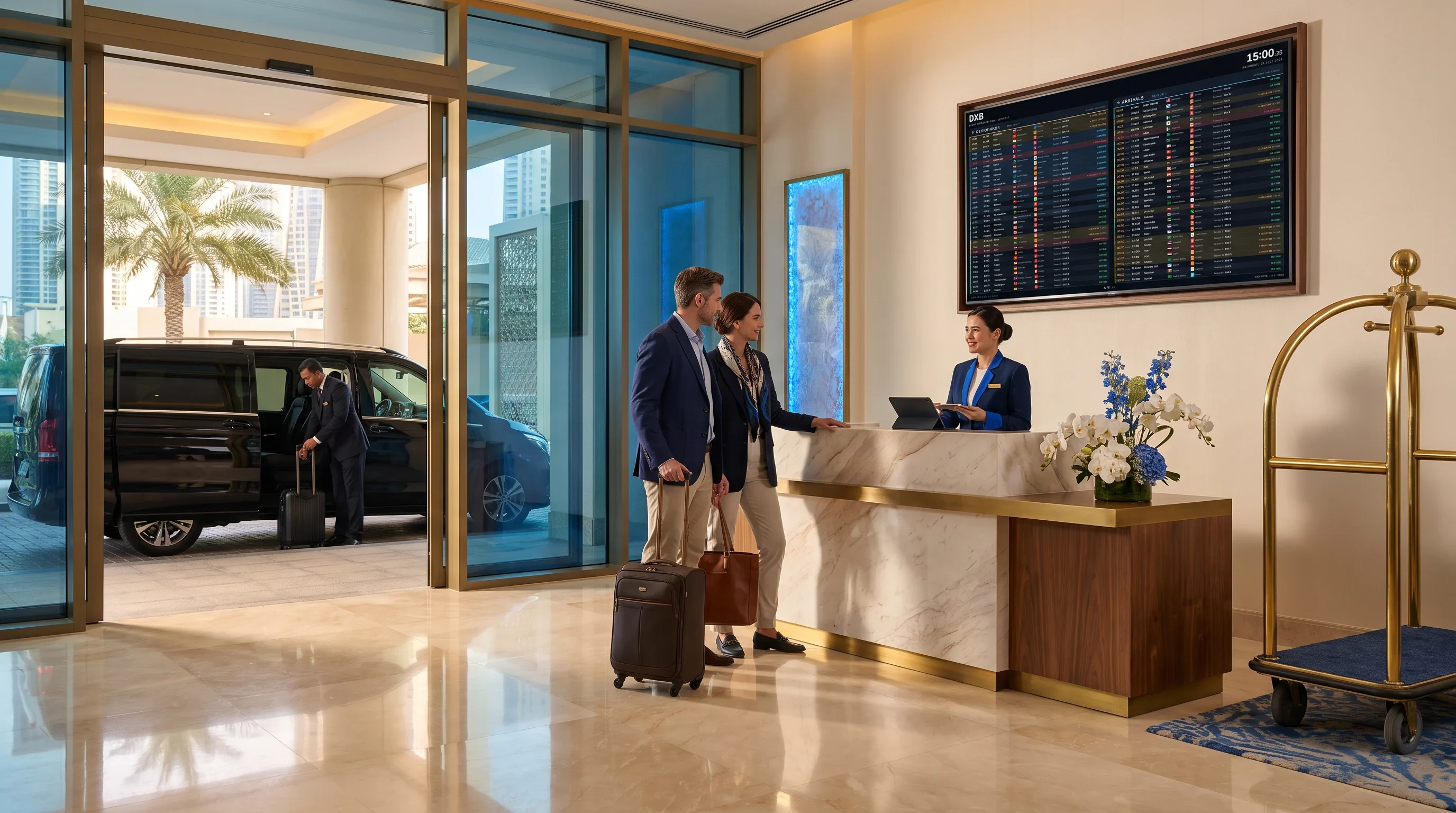A hotel transfer desk beside the entrance doors with a live FIDS departures board above it
