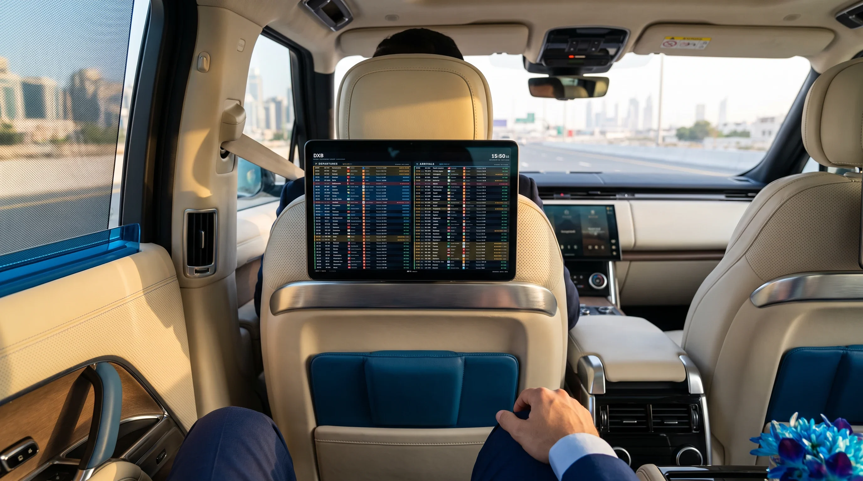 A seat-back tablet in a chauffeured car showing a live FIDS departures board