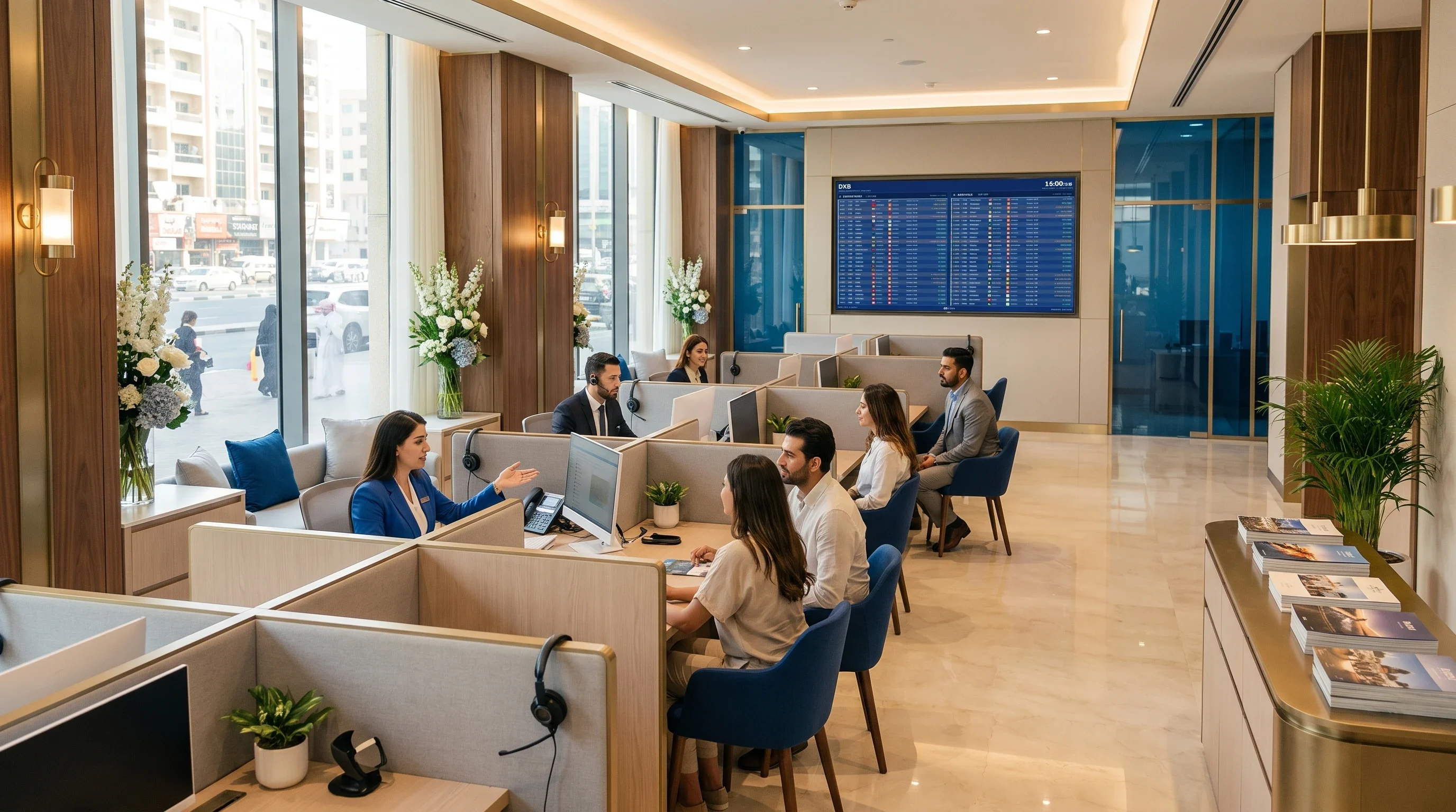 A travel agency office with consultants at their desks and a live FIDS board on the wall